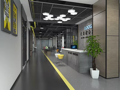 Modern Fitness Center Interior With Reception Area Green Plants And Training Equipment 3d model