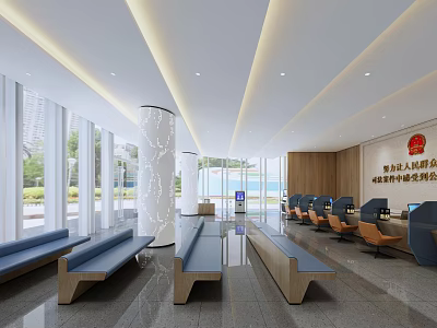 Spacious Modern Government Service Hall Interior With Waiting Area Service Counters And Comfortable Seats 3d model