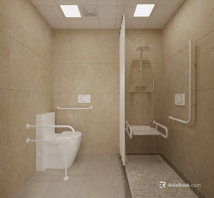 Modern Barrier Free Bathroom With Safety Grab Bars Anti Slip Tiles And Separate Shower Area 3d model 