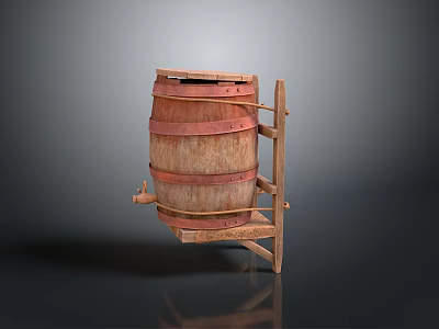 Vintage Wooden Barrel With Red Hoops On Stand For Household Storage And Decoration 3d model