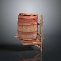 Vintage Wooden Barrel With Red Hoops On Stand For Household Storage And Decoration
