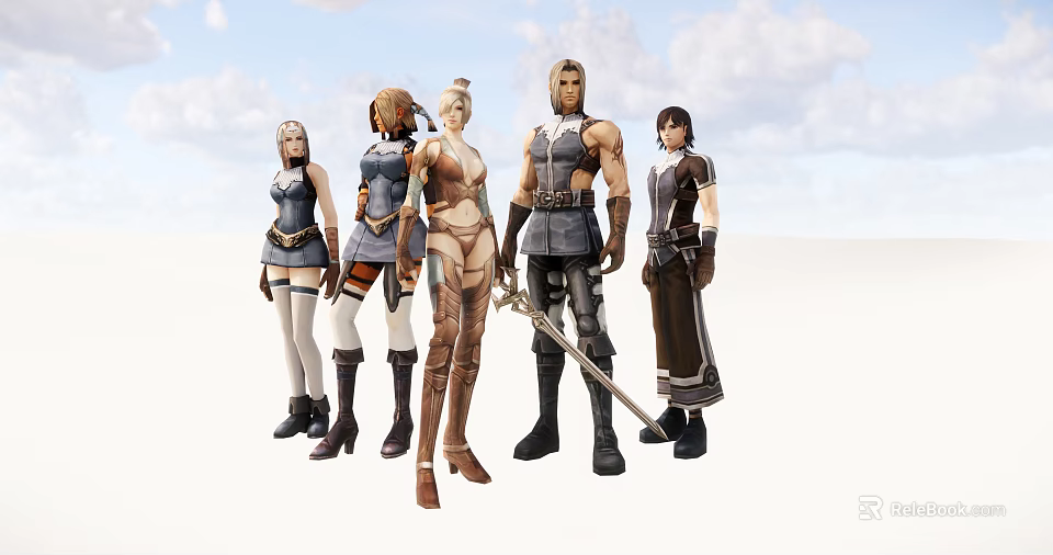 Five Game and Movie Characters in Diverse Outfits Standing Against Blue Sky and Clouds 3d model 