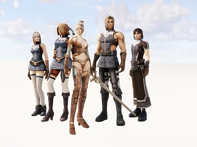 Five Game and Movie Characters in Diverse Outfits Standing Against Blue Sky and Clouds 3d model