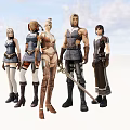Five Game and Movie Characters in Diverse Outfits Standing Against Blue Sky and Clouds