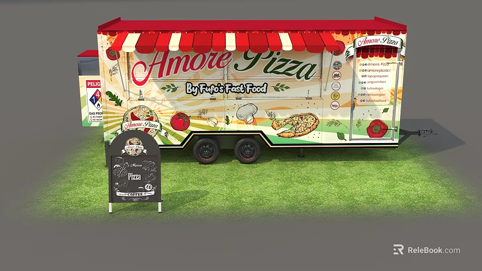 Amore Pizza Food Truck By Fast Fresh Food With Pizza Menu Chalkboard Sign On Grass 3d model 