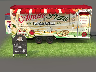 Amore Pizza Food Truck By Fast Fresh Food With Pizza Menu Chalkboard Sign On Grass 3d model