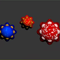 Vibrant Cartoon Mushrooms In Fantasy Scene With Blue Red White Hats And Spotted Patterns