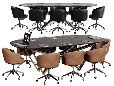 Modern Conference Table With Black Brown Leather Chairs Laptop And Mat 3d model