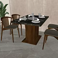 Modern Dining Table Set with Black Tabletop Wooden Legs and Four Woven Gray Cushioned Chairs