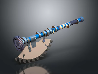 Futuristic Blue Mechanical Weapon with Metal Gear and Serrated Blade Long Handle Design 3d model