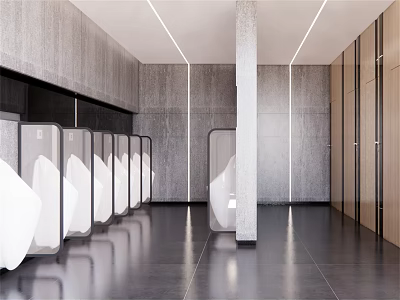 Public Restroom Interior With Modern Design Grey Concrete Walls Wooden Partitions And Strip Lights 3d model