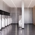 Public Restroom Interior With Modern Design Grey Concrete Walls Wooden Partitions And Strip Lights