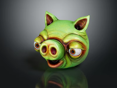 Artistic Green Pig Head Sculpture With Large Eyes And Open Mouth 3d model