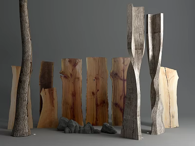 Artistic Arrangement of Natural Wood Slices and Tree Trunk Structures with Stone Piles and Textures 3d model