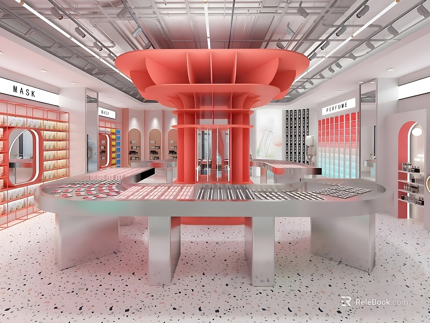 Modern Specialty Store Interior Design With Red Decorative Structure Circular Display Table And White Counters 3d model 