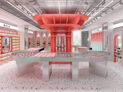 Modern Specialty Store Interior Design With Red Decorative Structure Circular Display Table And White Counters 3d model