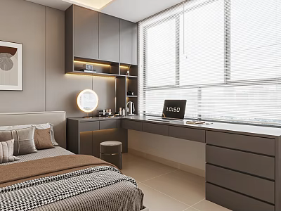 Modern Bedroom Dressing Table by Window with Grey Cabinetry Round Mirror Laptop and Drawers 3d model