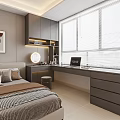 Modern Bedroom Dressing Table by Window with Grey Cabinetry Round Mirror Laptop and Drawers