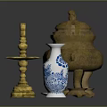 Vintage Home Living Decor Including Bronze Incense Burner Golden Candlesticks And Blue White Porcelain Vase