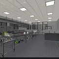 Commercial Kitchen Neat Layout With Stainless Steel Worktable Trolley White Tiled Walls And Recessed Lights