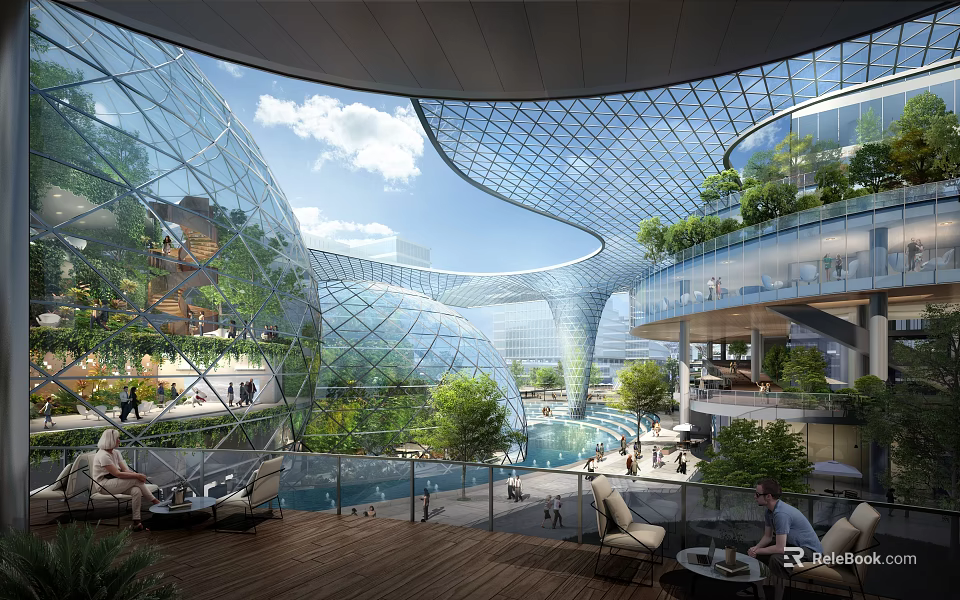 Modern Glass Dome Architecture With Lush Greenery Water Features And Seating Areas 3d model 