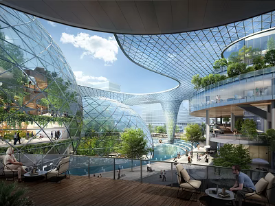 Modern Glass Dome Architecture With Lush Greenery Water Features And Seating Areas 3d model