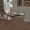 Modern Restaurant Interior With Wooden Dining Table Chairs Wall Paintings Floor Lamp And Herringbone Floor