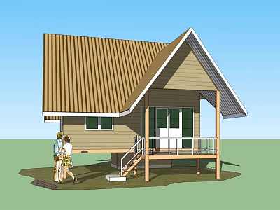 Charming Single Family Home With Brown Roof Light Brown Exterior Porch Stairs And Two People 3d model