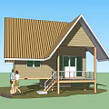 Charming Single Family Home With Brown Roof Light Brown Exterior Porch Stairs And Two People