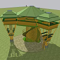 Traditional Pavilion and Multi Level Tower with Green Roofs in Grassland Surrounded by Trees