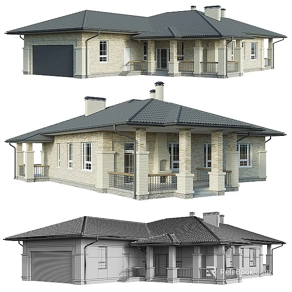 Traditional Single Family House With Gabled Roof Brick Exterior Attached Garage And Front Porch 3d model 
