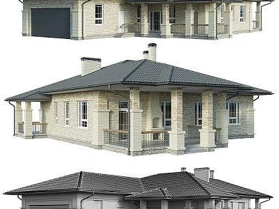 Traditional Single Family House With Gabled Roof Brick Exterior Attached Garage And Front Porch 3d model