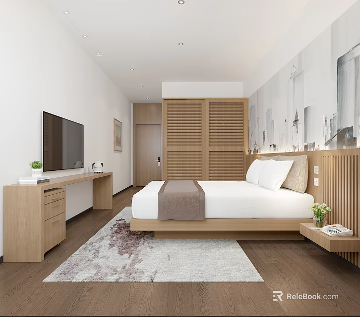 Hotel Guest Room With Wooden Furniture King Bed Area Rug And Cityscape Wall Art 3d model 