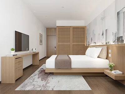Hotel Guest Room With Wooden Furniture King Bed Area Rug And Cityscape Wall Art 3d model