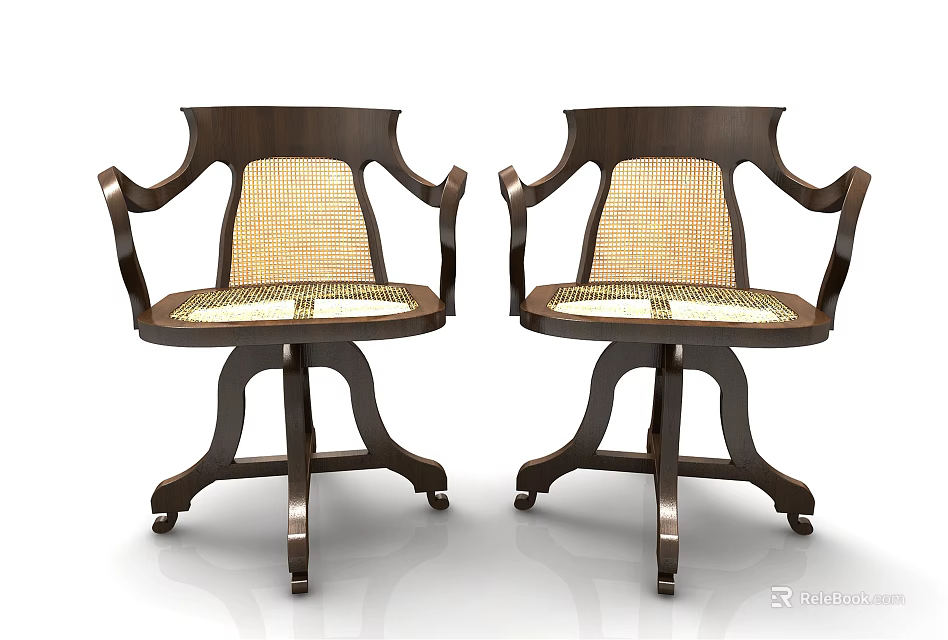 Pair of Classic Accent Chairs with Wooden Frame Woven Back Seat Armrests Wheeled Base Design 3d model 