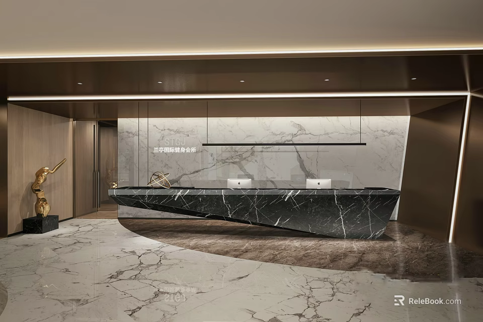 Modern Lobby Reception Desk Design With Marble Counter And Elegant Backdrop Wall 3d model