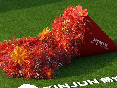 Red Cone Shaped Floral Decor With Red Orange Flowers On Green Lawn XINJUN White Text 3d model