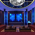 Modern KTV Lounge Interior With Blue Wall Decor Moon Ceiling And Red Sofa 3d model