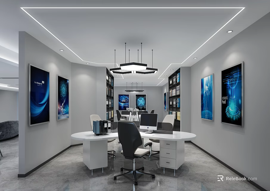 Modern Public Office Area With Round Table Black Chairs Blue Paintings And Bookshelves 3d model 