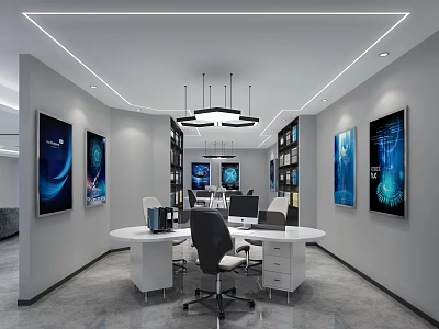 Modern Public Office Area With Round Table Black Chairs Blue Paintings And Bookshelves 3d model