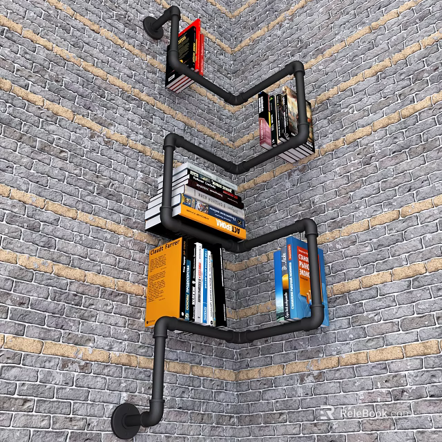 Books And Magazines On Industrial Metal Pipe Bookshelf Against Brick Wall 3d model 