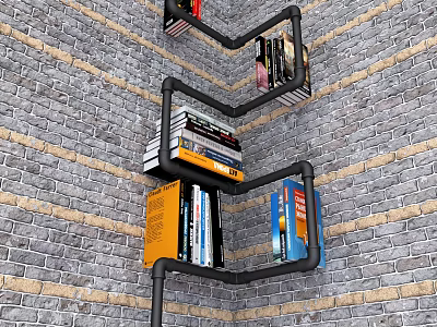 Books And Magazines On Industrial Metal Pipe Bookshelf Against Brick Wall 3d model
