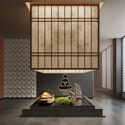 Zen Inspired Indoor Landscape With Water Feature Stone Green Moss And Shoji Screen 3d model
