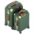 Vintage Green Suitcases With Gold Metal Hardware Brown Leather Handles Striped Surface And Rolling Wheels