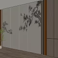 Elegant Modern Feature Wall With Pine Tree Painting Flying Birds Wooden Frame And Indoor Plant
