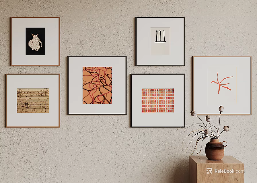 Multiple Abstract Paintings in Frames Hanging on Wall for Home Interior Decor 3d model