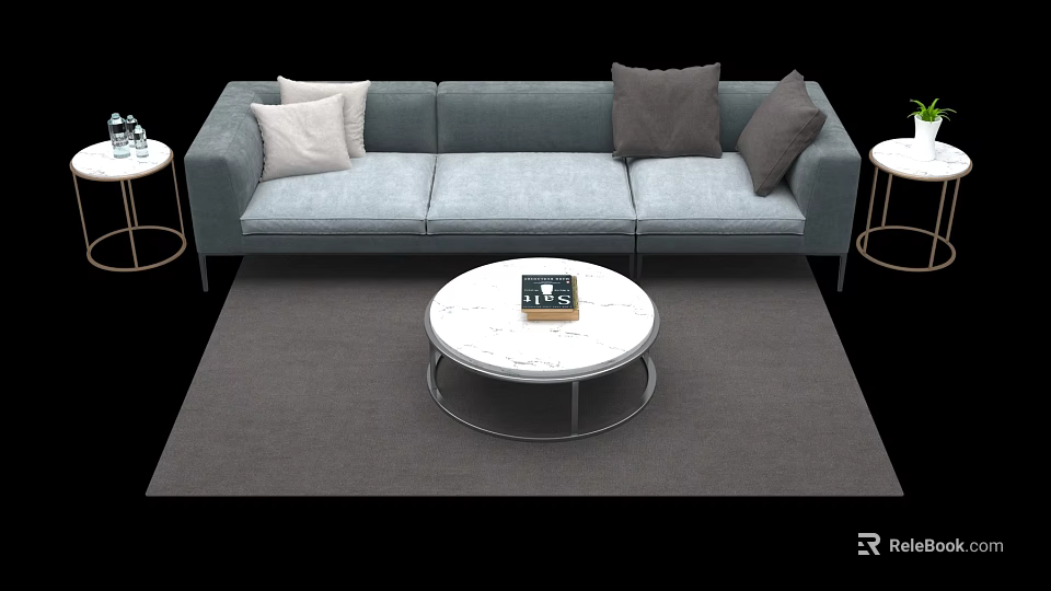 Gray Sofa And Coffee Table Set With Throw Pillows Round Marble Top And Side Tables 3d model