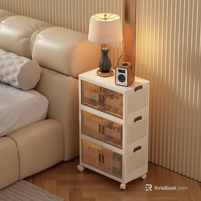 White Modern Bedside Table With Transparent Drawers Table Lamp And Radio Next To Sofa Bed 3d model 