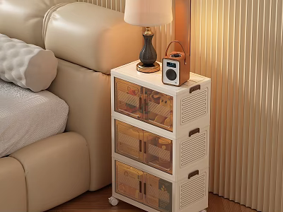 White Modern Bedside Table With Transparent Drawers Table Lamp And Radio Next To Sofa Bed 3d model