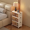 White Modern Bedside Table With Transparent Drawers Table Lamp And Radio Next To Sofa Bed